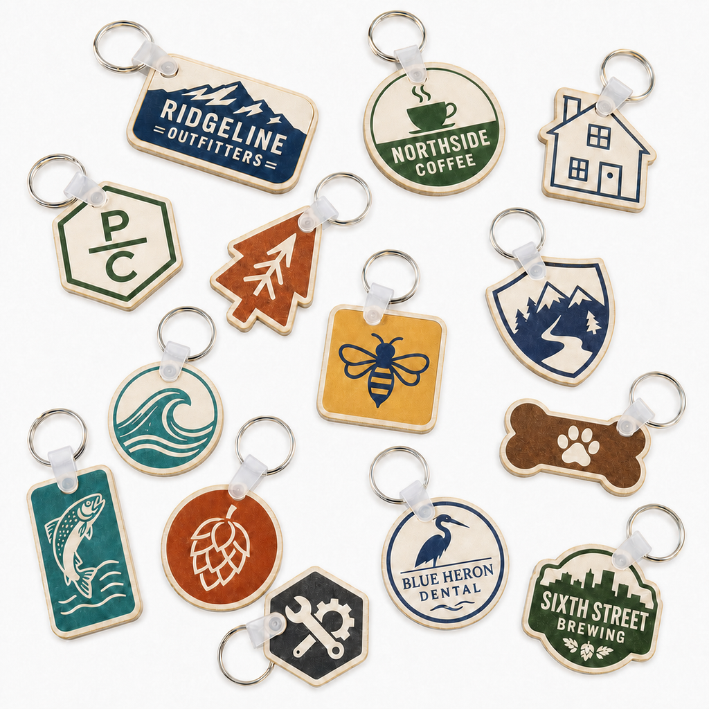 Fourteen custom wood keychains in different die-cut shapes — house, shield, hexagon, dog bone, circle, rectangle and pine tree — each printed with a different full-color logo